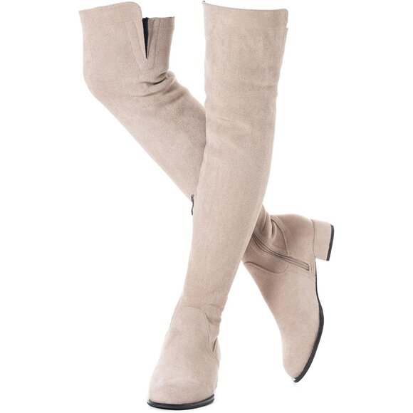 Women Neutral/1in Suede Over the Knee Thigh High Chunky Block Heel Winter Boots - Picture 1 of 6